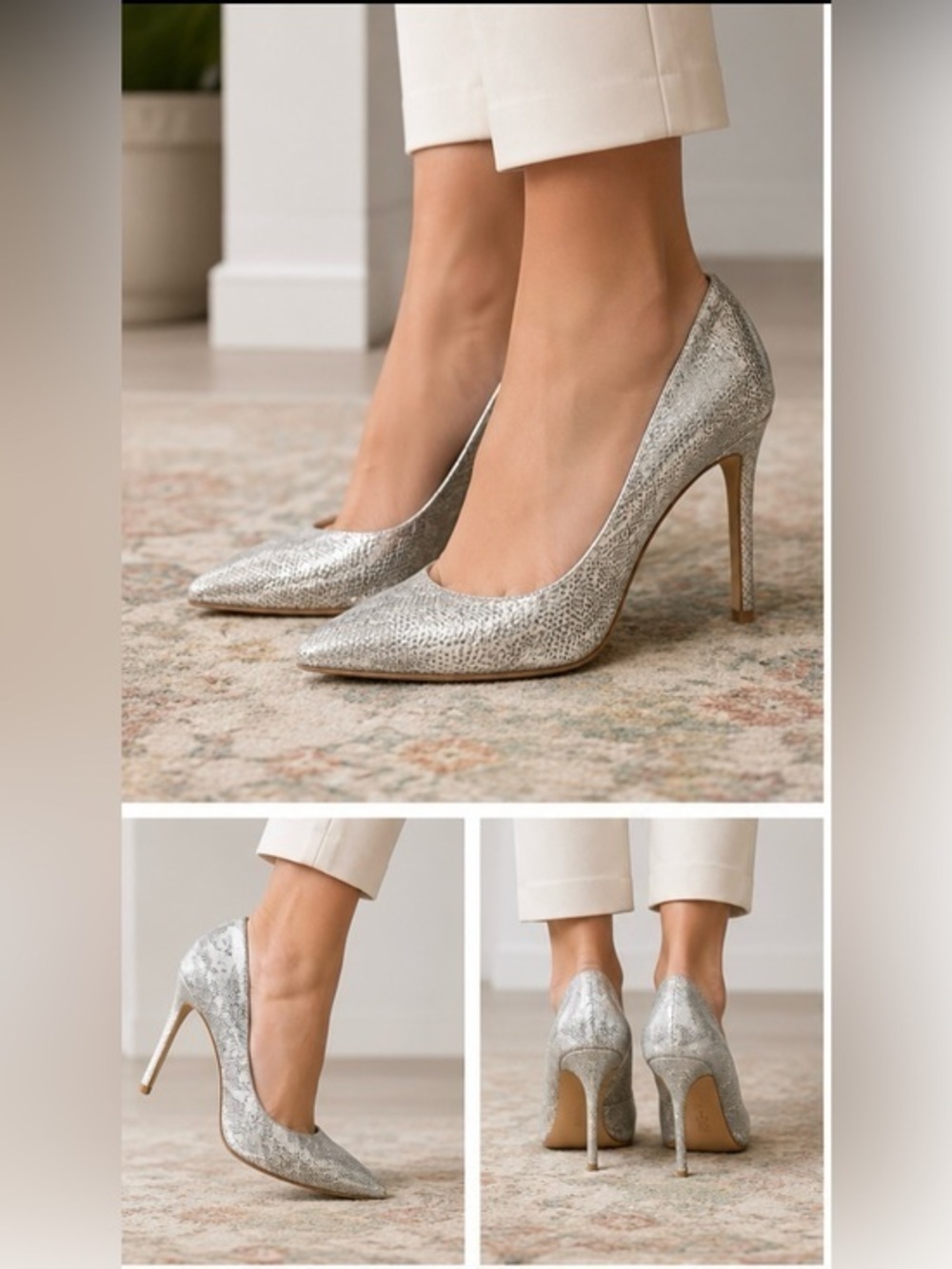 Loeffler Randall Silver Metallic Textured Pointed Toe Pumps Heel Size 6 Designer
